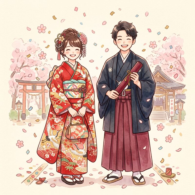 長袖和服和和服裙子的插圖
